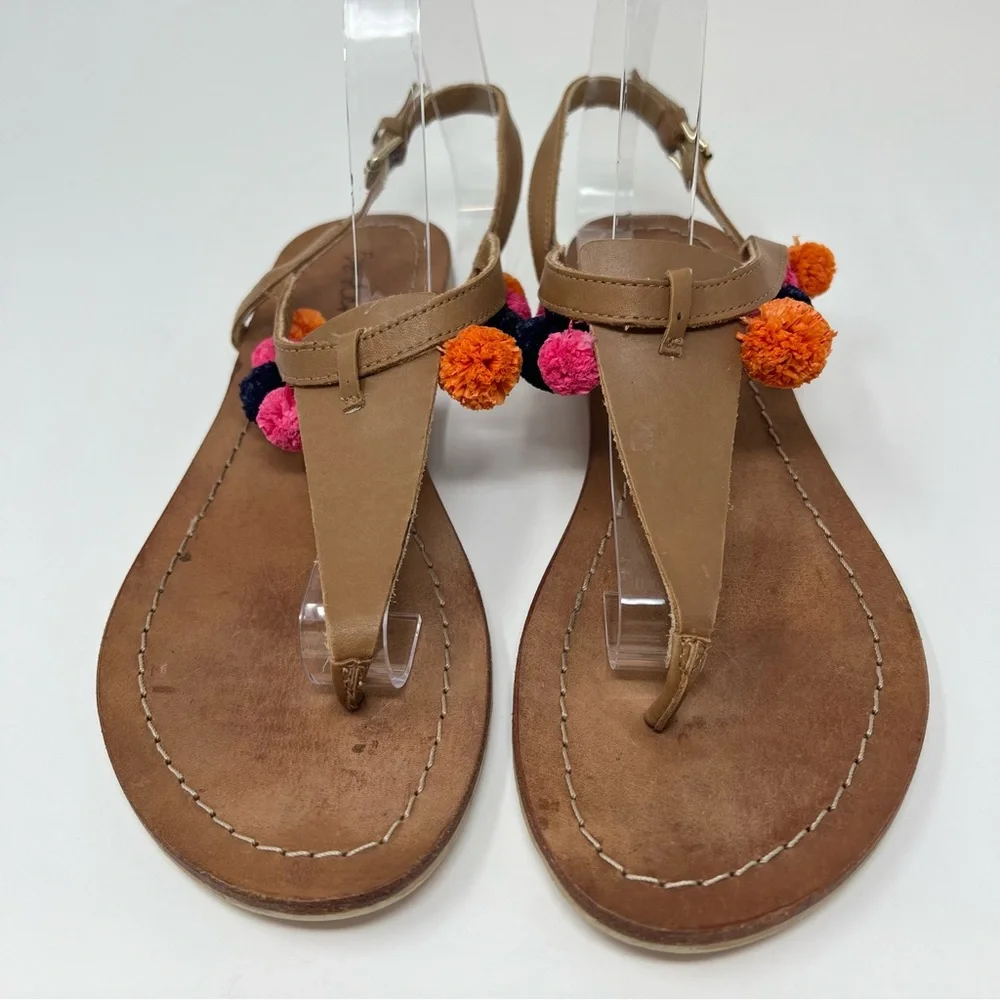 Boden Pompom Leather Sandals Women’s Size 9 Tan Thongs Colorful Fun